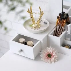 VASAGLE Schminktisch »RDT25WT/BK/K«, Frisiertisch, Kosmetiktisch, mit Spiegel ohne Rahmen, Polsterhocker, Massivholzbeinen Schwarz, Weiß-Natur, Weiß -Vasagleau Geschaft 081c3810 e931 4f6c a2cd 0f5b8fa0fdf6