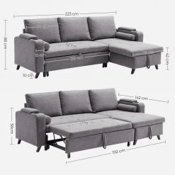VASAGLE Schlafsofa »LCS801«, Bettsofa mit Stauraum, Ecksofa, mit Becherhalter, einfache Montage, 223 x 142 x 88 cm (L x B x H), modern Dunkelgrau, Hellgrau -Vasagleau Geschaft 10e79658 ef9b 418b 91c4 eabfe211f36a