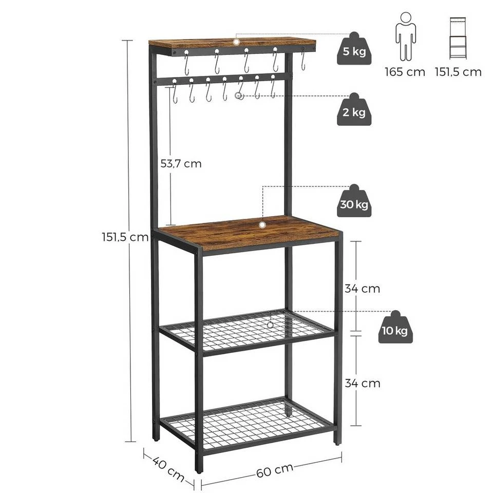 VASAGLE Standregal »KKS021B01«, Küchenregal mit Metallrahmen, 4 Ablagen aus Holz, mit 12Haken, für Flur, Küche, vintage 10 VASAGLE Standregal »KKS021B01«, Küchenregal mit Metallrahmen, 4 Ablagen aus Holz, mit 12Haken, für Flur, Küche, vintage – Bild 8