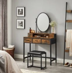 VASAGLE Schminktisch »RVT006A10/B01«, Frisiertisch, Kosmetiktisch, mit Hocker, mit ovalem Spiegel und 5 Schubladen Vintagebraun-Schwarz, Weiß-goldfarben