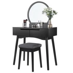 VASAGLE Schminktisch »RDT11BK RDT11K«, Frisiertisch, mit rundem Spiegel und gepolstertem Hocker, 2 große Schubladen Schwarz | schwarz, Wei&szlig; | natur -Vasagleau Geschaft 2b25869b f740 4993 8992 03dc916f2888