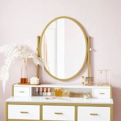 VASAGLE Schminktisch »RVT006A10/B01«, Frisiertisch, Kosmetiktisch, mit Hocker, mit ovalem Spiegel und 5 Schubladen Vintagebraun-Schwarz, Wei&szlig;-goldfarben -Vasagleau Geschaft 341e29d3 9084 47c5 bae2 b1fe31d1afc8