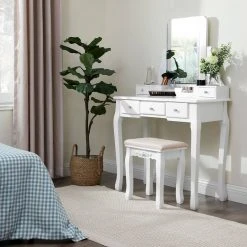 VASAGLE Schminktisch »RDT25WT/BK/K«, Frisiertisch, Kosmetiktisch, mit Spiegel ohne Rahmen, Polsterhocker, Massivholzbeinen Schwarz, Weiß-Natur, Weiß -Vasagleau Geschaft 458ea5ce 92ca 42cb 903b c20554fa54ea