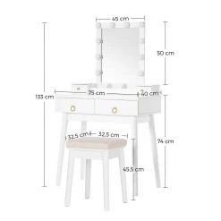 VASAGLE Schminktisch »RDT173W01«, Frisiertisch,Kosmetiktisch mit 10 Glühbirnen und gepolsterter Hocker, Massivholzbeinen -Vasagleau Geschaft 4fdf84d5 fcf2 4c9c a082 322e1d050355