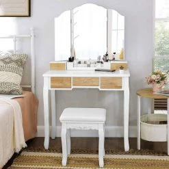 VASAGLE Schminktisch »RDT28K RDT28WT«, Frisiertisch, Kosmetiktisch mit Klappspiegel und 5 Schubladen, mit Hocker Natur, Weiß 27 VASAGLE Schminktisch »RDT28K RDT28WT«, Frisiertisch, Kosmetiktisch mit Klappspiegel und 5 Schubladen, mit Hocker Natur, Weiß -Vasagleau Geschaft 720ae73e cd95 4e4c 8b7b 4a66580cd937