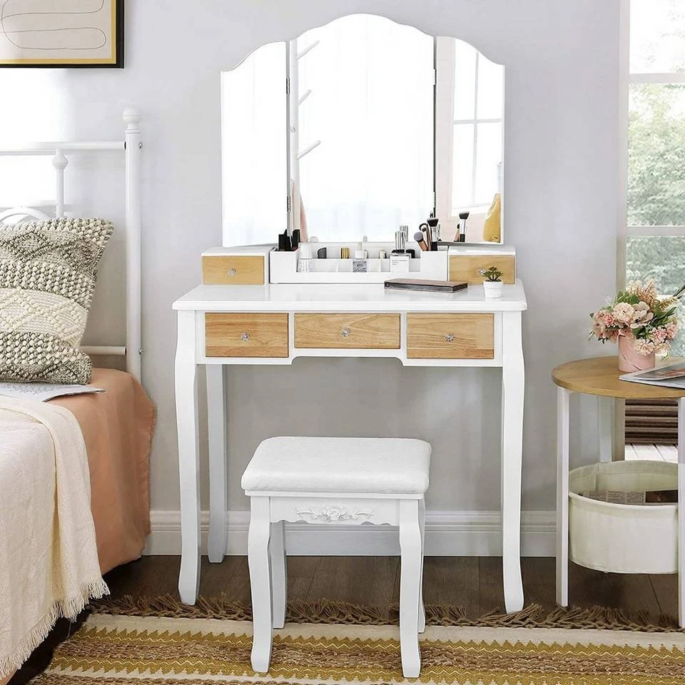 VASAGLE Schminktisch »RDT28K RDT28WT«, Frisiertisch, Kosmetiktisch mit Klappspiegel und 5 Schubladen, mit Hocker Natur, Weiß 12 VASAGLE Schminktisch »RDT28K RDT28WT«, Frisiertisch, Kosmetiktisch mit Klappspiegel und 5 Schubladen, mit Hocker Natur, Weiß – Bild 10