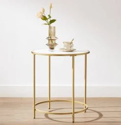 VASAGLE Beistelltisch »LET282A10«, Nachttisch, rund, mit Oberfläche aus Holzspanplatte und goldfarbenem Metallrahmen, weiß-goldfarben