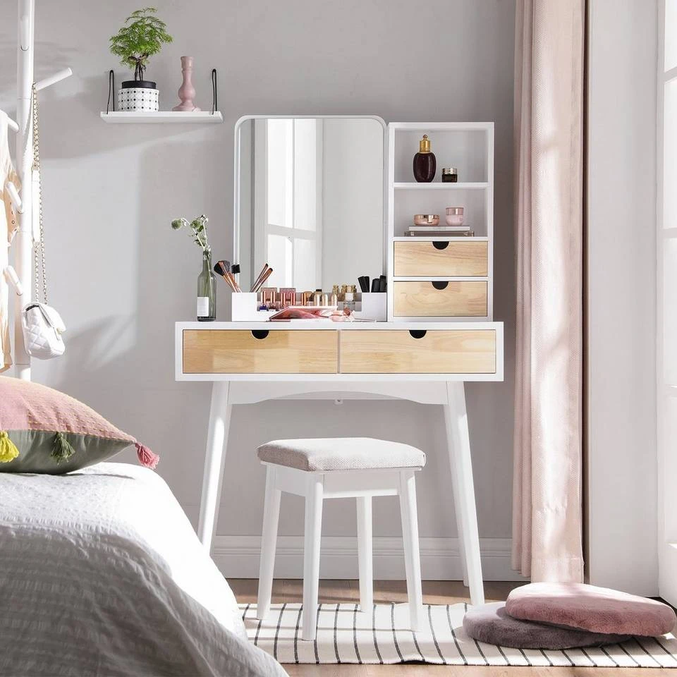 VASAGLE Schminktisch »RDT32K«, Frisiertisch, Kosmetiktisch mit Hocker, 4 Schubladen, weiß-naturfarben 3 VASAGLE Schminktisch »RDT32K«, Frisiertisch, Kosmetiktisch mit Hocker, 4 Schubladen, weiß-naturfarben