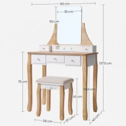 VASAGLE Schminktisch »RDT25WT/BK/K«, Frisiertisch, Kosmetiktisch, mit Spiegel ohne Rahmen, Polsterhocker, Massivholzbeinen Schwarz, Weiß-Natur, Weiß -Vasagleau Geschaft 88153f22 6f80 4208 ba41 d486b8864a40