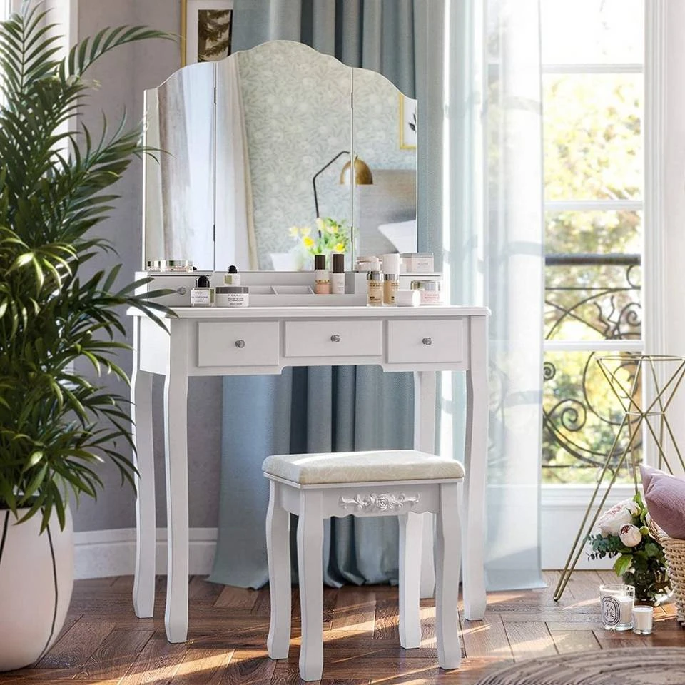 VASAGLE Schminktisch »RDT28K RDT28WT«, Frisiertisch, Kosmetiktisch mit Klappspiegel und 5 Schubladen, mit Hocker Natur, Weiß 3 VASAGLE Schminktisch »RDT28K RDT28WT«, Frisiertisch, Kosmetiktisch mit Klappspiegel und 5 Schubladen, mit Hocker Natur, Weiß