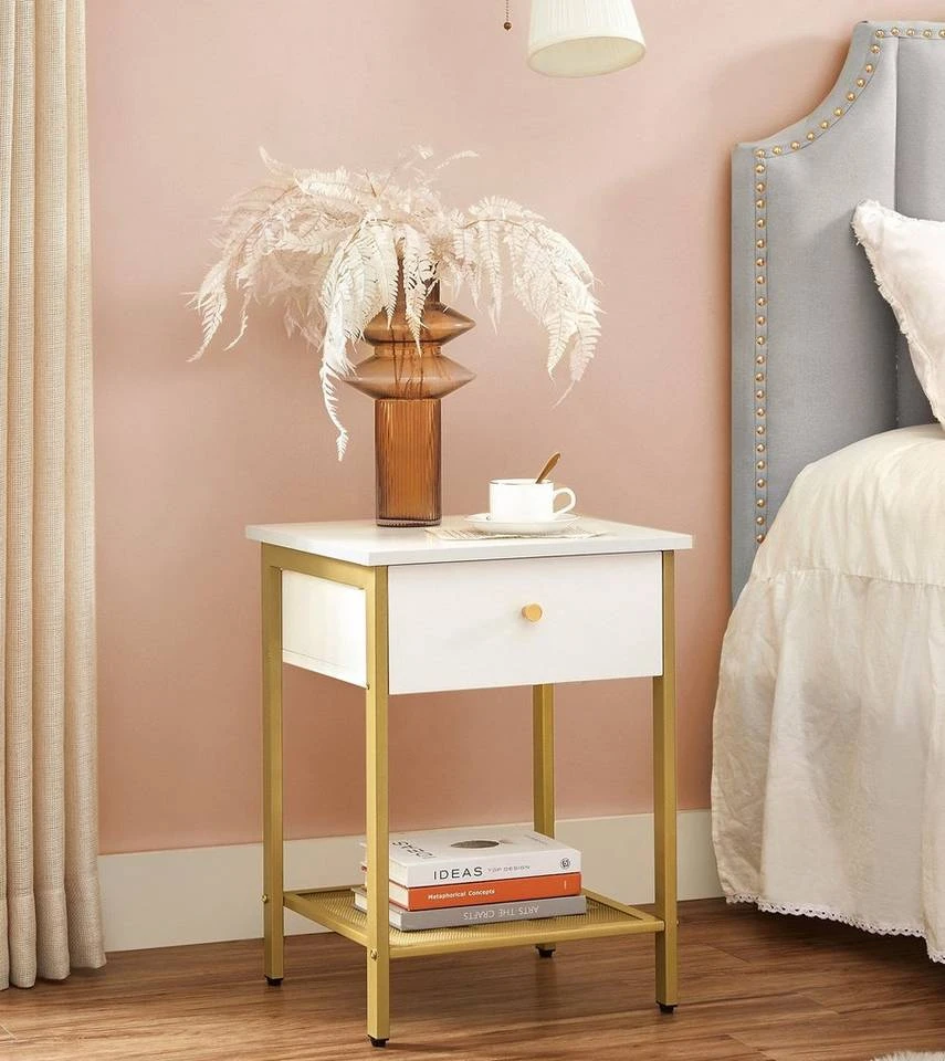 VASAGLE Nachttisch »LET512A10«, Beistelltisch, mit Schublade und Gitterablage, modern, weiß-goldfarben 3 VASAGLE Nachttisch »LET512A10«, Beistelltisch, mit Schublade und Gitterablage, modern, weiß-goldfarben