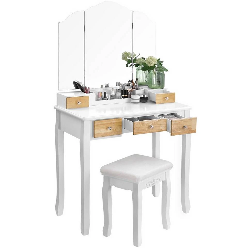 VASAGLE Schminktisch »RDT28K RDT28WT«, Frisiertisch, Kosmetiktisch mit Klappspiegel und 5 Schubladen, mit Hocker Natur, Weiß 17 VASAGLE Schminktisch »RDT28K RDT28WT«, Frisiertisch, Kosmetiktisch mit Klappspiegel und 5 Schubladen, mit Hocker Natur, Weiß – Bild 15