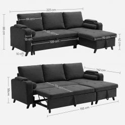 VASAGLE Schlafsofa »LCS801«, Bettsofa mit Stauraum, Ecksofa, mit Becherhalter, einfache Montage, 223 x 142 x 88 cm (L x B x H), modern Dunkelgrau, Hellgrau -Vasagleau Geschaft 9de7b840 e1fa 499d bfb6 ebad4dd86531
