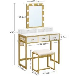 VASAGLE Schminktisch »RVT014A10 RVT014B01«, Frisiertisch, Kosmetiktisch mit Hocker, 10 LED-Glühbirnen, einstellbare Helligkeit Vintagebraun-Schwarz, Weiß-gold -Vasagleau Geschaft a3a7c3fb a214 4e01 bd65 2d145ea468dc