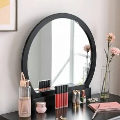 VASAGLE Schminktisch »RDT11BK RDT11K«, Frisiertisch, mit rundem Spiegel und gepolstertem Hocker, 2 große Schubladen Schwarz | schwarz, Wei&szlig; | natur -Vasagleau Geschaft a7c2626f 2e62 456f 9428 549ef65ca090