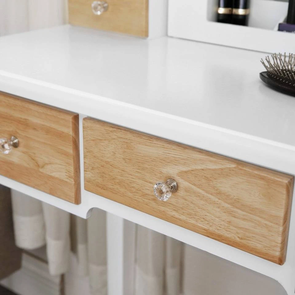 VASAGLE Schminktisch »RDT28K RDT28WT«, Frisiertisch, Kosmetiktisch mit Klappspiegel und 5 Schubladen, mit Hocker Natur, Weiß 16 VASAGLE Schminktisch »RDT28K RDT28WT«, Frisiertisch, Kosmetiktisch mit Klappspiegel und 5 Schubladen, mit Hocker Natur, Weiß – Bild 14