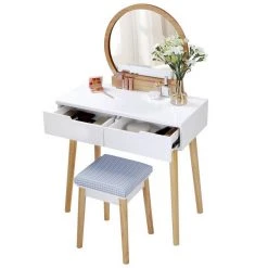 VASAGLE Schminktisch »RDT11BK RDT11K«, Frisiertisch, mit rundem Spiegel und gepolstertem Hocker, 2 große Schubladen Schwarz | schwarz, Wei&szlig; | natur -Vasagleau Geschaft b188804d 4c1e 46af 9906 b9c3736b74bf