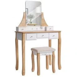 VASAGLE Schminktisch »RDT25WT/BK/K«, Frisiertisch, Kosmetiktisch, mit Spiegel ohne Rahmen, Polsterhocker, Massivholzbeinen Schwarz, Weiß-Natur, Weiß -Vasagleau Geschaft ceaa6690 f133 4ac7 876a fb2d495b8883