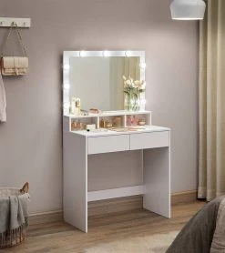 VASAGLE Schminktisch »RDT120T10«, Frisiertisch, Kosmetiktisch mit 9 LED-Glühbirnen und Spiegel, einstellbare Helligkeit, 2 Schubladen und 3 offene Fächer