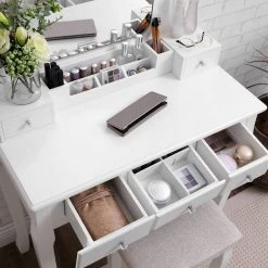 VASAGLE Schminktisch »RDT25WT/BK/K«, Frisiertisch, Kosmetiktisch, mit Spiegel ohne Rahmen, Polsterhocker, Massivholzbeinen Schwarz, Weiß-Natur, Weiß -Vasagleau Geschaft d7003e40 1b15 456b b4de 92c0e5a90df8