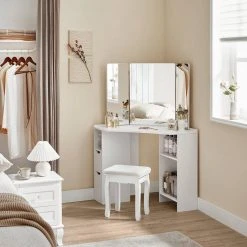 VASAGLE Schminktisch »RDT121T10«, Eckschminktisch, Frisiertisch,3-teiliger Klap pspiegel, 2 Schubladen, 3 offene Fächer -Vasagleau Geschaft dba07ea3 3d11 4da6 a093 d4780b7788dc