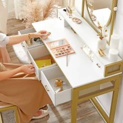 VASAGLE Schminktisch »RVT006A10/B01«, Frisiertisch, Kosmetiktisch, mit Hocker, mit ovalem Spiegel und 5 Schubladen Vintagebraun-Schwarz, Wei&szlig;-goldfarben -Vasagleau Geschaft de275aa0 f9ba 48fa b651 d63535125779