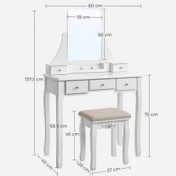 VASAGLE Schminktisch »RDT25WT/BK/K«, Frisiertisch, Kosmetiktisch, mit Spiegel ohne Rahmen, Polsterhocker, Massivholzbeinen Schwarz, Weiß-Natur, Weiß -Vasagleau Geschaft e1eb9c27 c863 4746 9b51 dbc89db7aeea