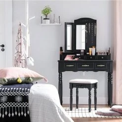 VASAGLE Schminktisch »RDT60WT RDT60BK«, Frisiertisch, Kosmetiktisch mit 3-teiliger Klappspiegel,mit Hocker Schwarz, Wei&szlig; -Vasagleau Geschaft e8116bfe 4f32 42bc 86e5 3e852537e015