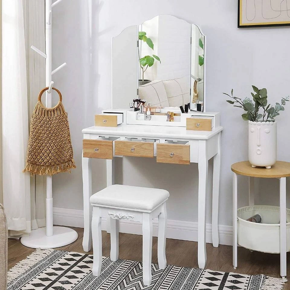 VASAGLE Schminktisch »RDT28K RDT28WT«, Frisiertisch, Kosmetiktisch mit Klappspiegel und 5 Schubladen, mit Hocker Natur, Weiß 11 VASAGLE Schminktisch »RDT28K RDT28WT«, Frisiertisch, Kosmetiktisch mit Klappspiegel und 5 Schubladen, mit Hocker Natur, Weiß – Bild 9