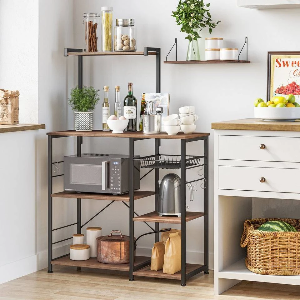 VASAGLE Standregal »KKS035/35«, Küchenregal mit Metallkorb, 6 S-Haken und Regalablagen, 90 x 40 x 132 cm, Industrie-Design Haselnussbraun-schwarz, Greige-schwarz, Vintage 5 VASAGLE Standregal »KKS035/35«, Küchenregal mit Metallkorb, 6 S-Haken und Regalablagen, 90 x 40 x 132 cm, Industrie-Design Haselnussbraun-schwarz, Greige-schwarz, Vintage – Bild 3