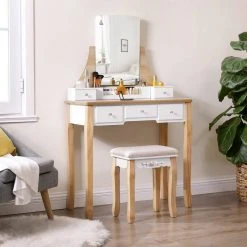 VASAGLE Schminktisch »RDT25WT/BK/K«, Frisiertisch, Kosmetiktisch, mit Spiegel ohne Rahmen, Polsterhocker, Massivholzbeinen Schwarz, Weiß-Natur, Weiß