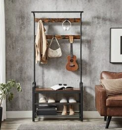 VASAGLE Garderobenständer »HSR400B01«, Garderobe, Schuhregal, mit Sitzfläche und 9 abnehmbaren Haken, 2 Gitterablagen