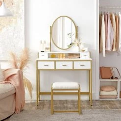 VASAGLE Schminktisch »RVT006A10/B01«, Frisiertisch, Kosmetiktisch, mit Hocker, mit ovalem Spiegel und 5 Schubladen Vintagebraun-Schwarz, Wei&szlig;-goldfarben -Vasagleau Geschaft ed94ce2a add5 4f38 9b35 6deb2a3661fa