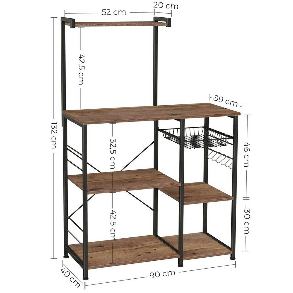 VASAGLE Standregal »KKS035/35«, Küchenregal mit Metallkorb, 6 S-Haken und Regalablagen, 90 x 40 x 132 cm, Industrie-Design Haselnussbraun-schwarz, Greige-schwarz, Vintage 10 VASAGLE Standregal »KKS035/35«, Küchenregal mit Metallkorb, 6 S-Haken und Regalablagen, 90 x 40 x 132 cm, Industrie-Design Haselnussbraun-schwarz, Greige-schwarz, Vintage – Bild 8