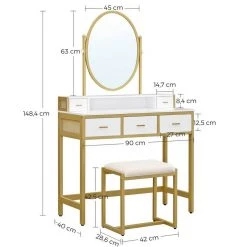 VASAGLE Schminktisch »RVT006A10/B01«, Frisiertisch, Kosmetiktisch, mit Hocker, mit ovalem Spiegel und 5 Schubladen Vintagebraun-Schwarz, Wei&szlig;-goldfarben -Vasagleau Geschaft f5ad12b4 0ffd 435e 8138 409e0a9b6470