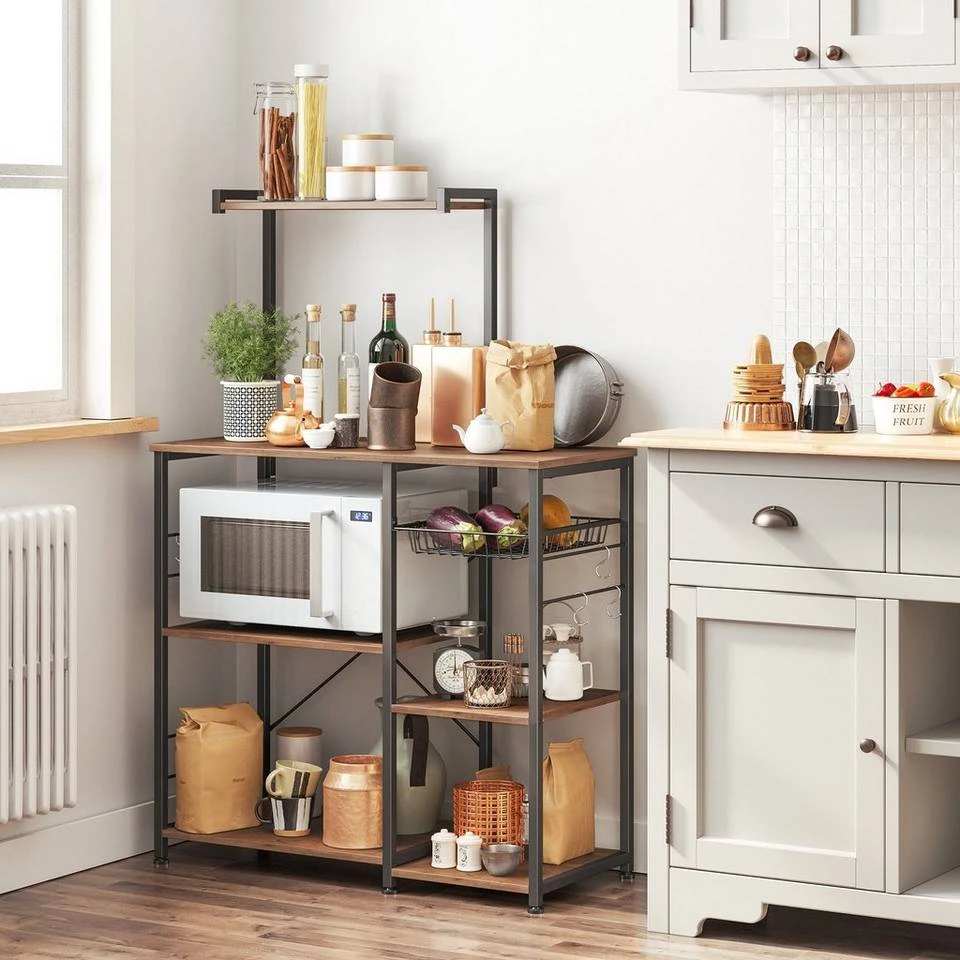 VASAGLE Standregal »KKS035/35«, Küchenregal mit Metallkorb, 6 S-Haken und Regalablagen, 90 x 40 x 132 cm, Industrie-Design Haselnussbraun-schwarz, Greige-schwarz, Vintage 4 VASAGLE Standregal »KKS035/35«, Küchenregal mit Metallkorb, 6 S-Haken und Regalablagen, 90 x 40 x 132 cm, Industrie-Design Haselnussbraun-schwarz, Greige-schwarz, Vintage – Bild 2